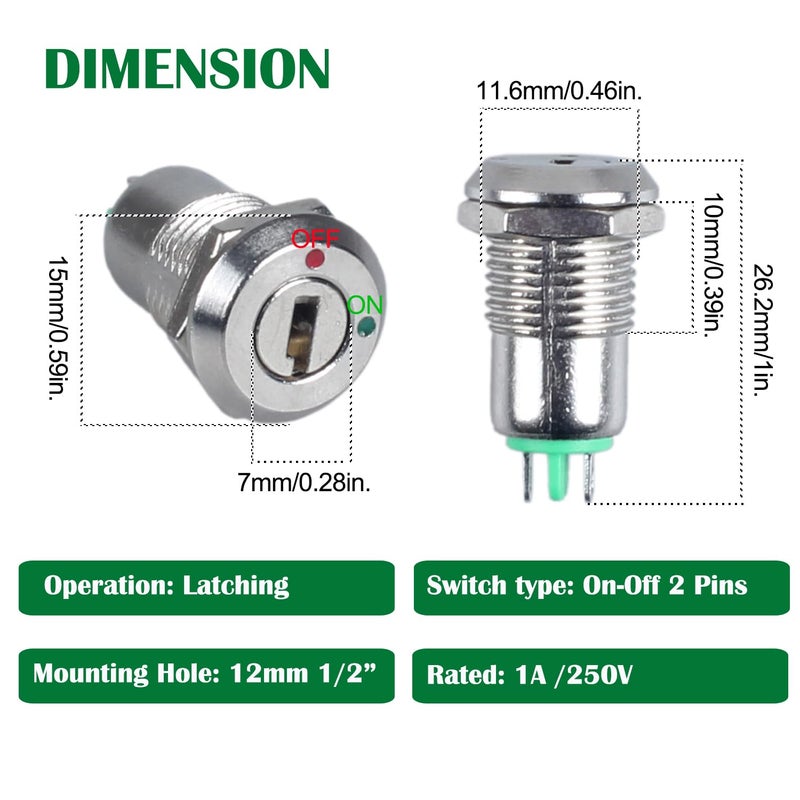 DMWD 2Pcs 12mm ON Off Metal Key Lock Switches 2Pin 2Positions Lock Maintained Latching Key Switch Control Switch - Image 2
